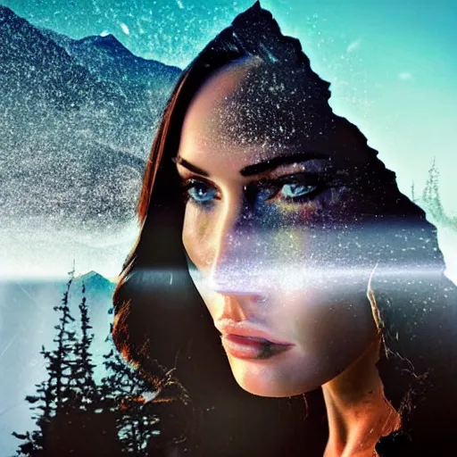 Image similar to double - exposure effect of megan fox face and beautiful mountains, in the style of dan mountford, amazing detail