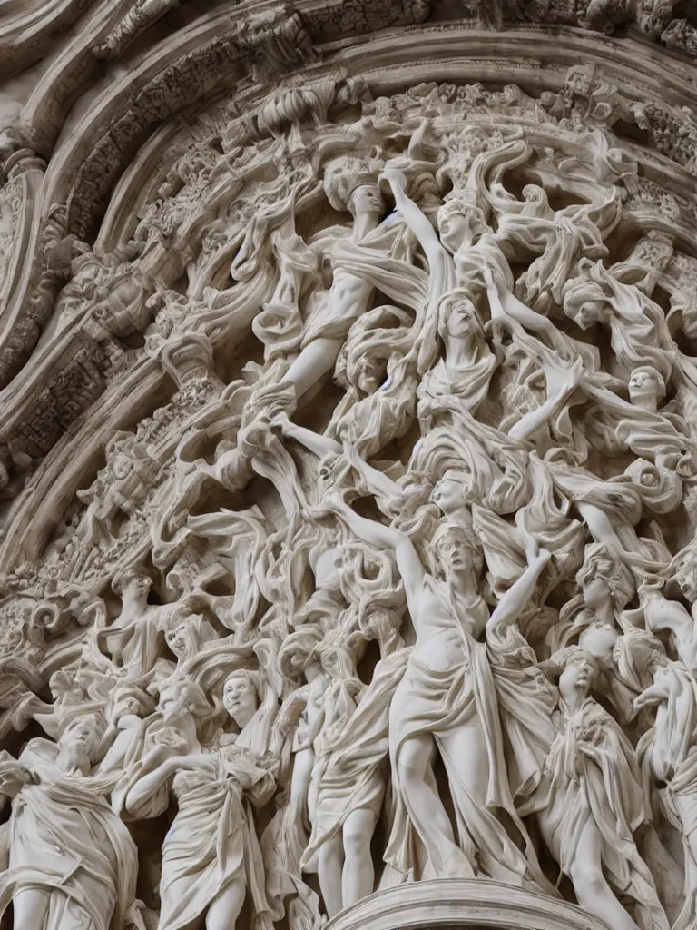 Prompt: Epic view of intricate stained statue with symmetrical multi-directional globin faces looking to all sides using a velvet veil statue sculpted on white marble by Antonio Corradini and Bernini