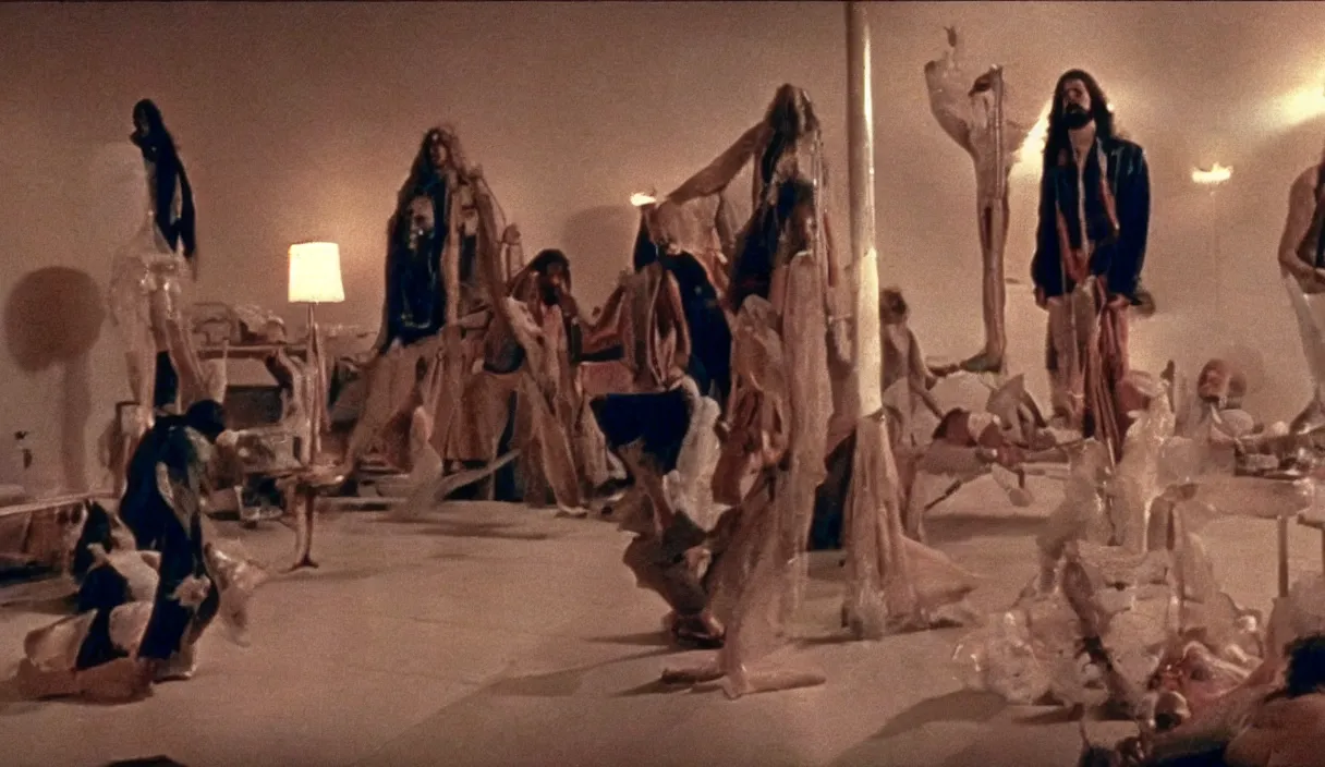 Image similar to a still of severance series indoor 7 0 s scenario appearing in a film of jodorowsky, in movie holy mountain ( 1 9 7 3 )