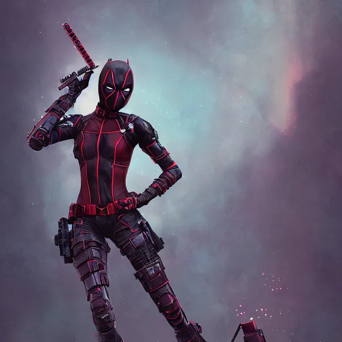 Image similar to charlize theron as lady deadpool. intricate abstract. intricate artwork. by tooth wu, wlop, beeple, dan mumford. octane render, trending on artstation, greg rutkowski very coherent symmetrical artwork. cinematic, hyper realism, high detail, octane render, 8 k, iridescent accents