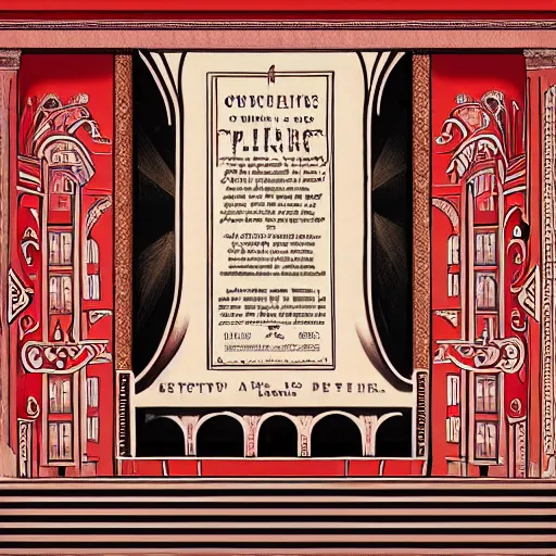 Prompt: photo of a mural of an opera house playbill from the early 1 9 0 0 s in the style of art nouveau, red curtains, art nouveau design elements, art nouveau ornament, opera house architectural elements, painted on a brick wall