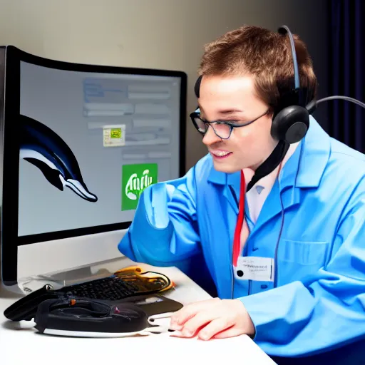 Prompt: A dolphin wearing a chemist outfit playing games on a computer