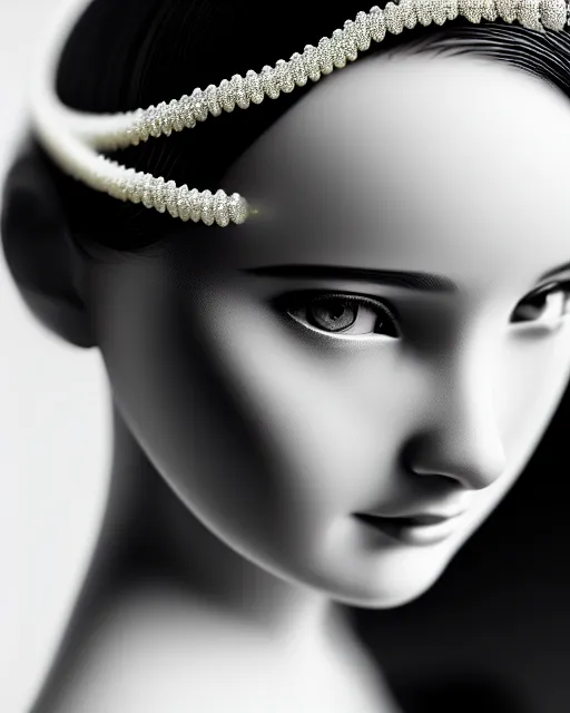 Image similar to black and white dreamy young beautiful veiled female artificial intelligence, realistic pearl ornament in the face, long hair are intricate with highly detailed realistic pearls, cinematic, rim light, bokeh, photo - realistic, elegant, high detail, 8 k, masterpiece, photo taken in 1 9 3 0