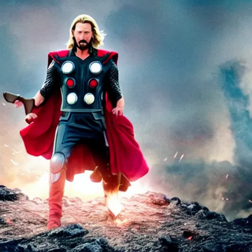 Prompt: film still of Keanu Reeves as Thor in Avengers Endgame