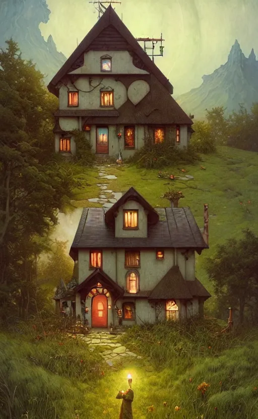 Image similar to a hyper realistic witchy cottage with solar panels on a tall hill, mountains, atmospheric lighting, lush foliage, painting by chiara bautista and tom bagshaw, mucha, beksinski and norman rockwell and greg rutkowski weta studio, and lucasfilm