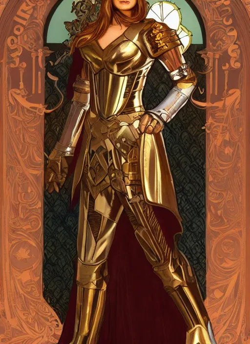 Prompt: stunningly beautiful paladin in copper colored plate armor who looks like young michelle pfeiffer, moonlight in the background by alphonse mucha, soft lighting, HD, sharp focus, elegant, intricate, masterpiece, concept art, character design