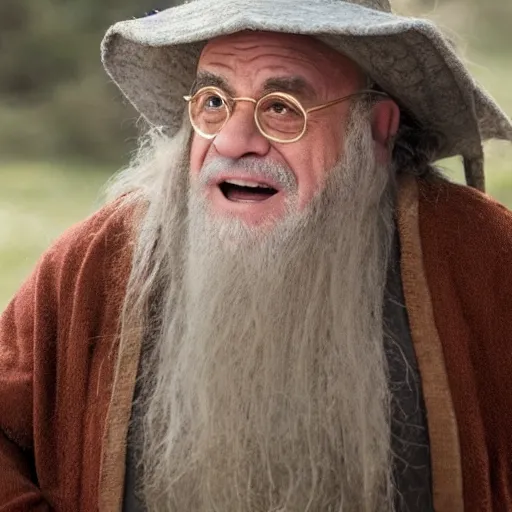 Prompt: movie still of danny devito starring as gandalf in the 2 0 2 6 lord of the rings movie, with hat, full body