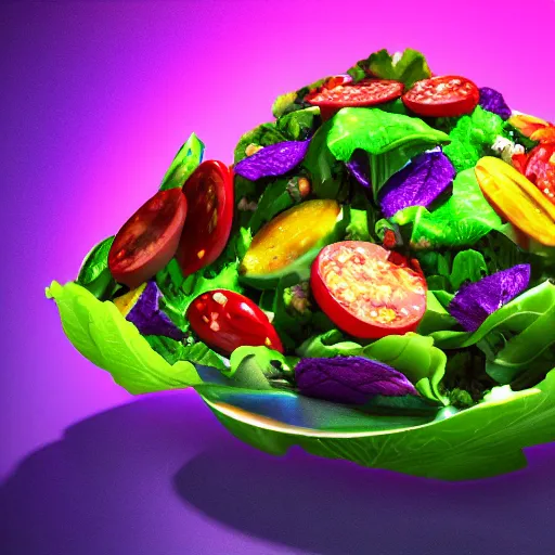 Prompt: Photorealistic magic super salad. Hyperdetailed photorealism, 108 megapixels, amazing depth, glowing rich colors, powerful imagery, psychedelic Overtones, 3D finalrender, 3d shading, cinematic lighting, artstation concept art