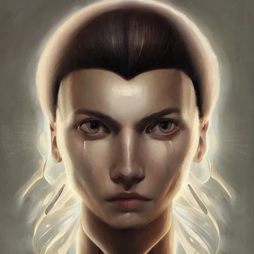 Image similar to surreal portrait of a woman by Greg Rutkowski and Artgerm, symmetrical face, she is about 30 years old, she is about 30 years old, pretty, blond hair with two strans around her face, slavic features, melancholic gaze, pretty aquiline nose, transformed into a kind of biomechanical transhuman goddes, uncany but fascinating, sad but determined look, cosmic void background, frightening, fascinating, highly detailed portrait, digital painting, book cover, artstation, concept art, smooth, sharp foccus ilustration, Artstation HQ