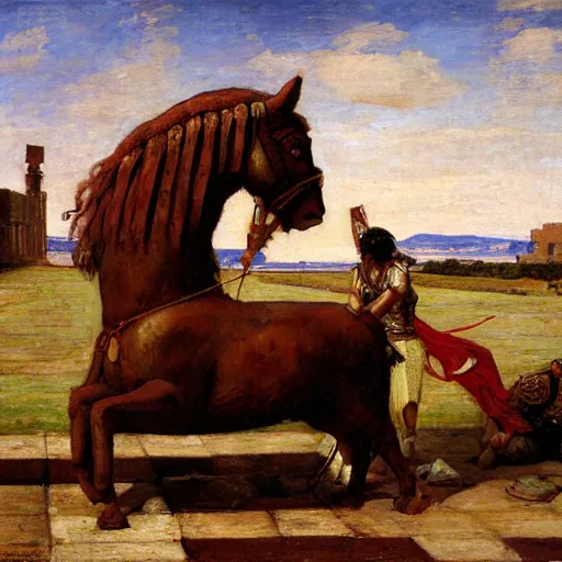 Image similar to the trojan horse outside the gates of troy in the style of john william waterhouse, oil on canvas, 4 k resolution