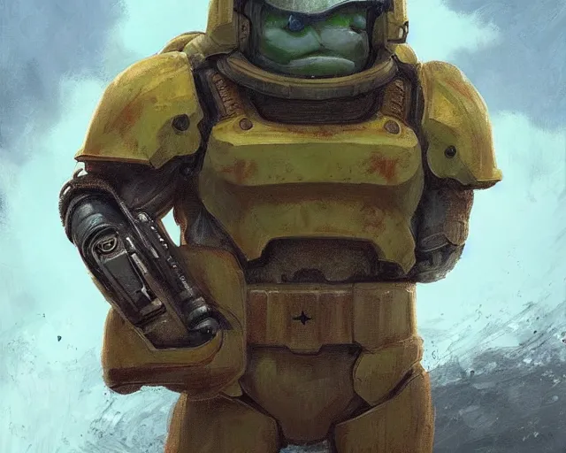 Image similar to portrait of a doomguy as spongebob squarepants, hd shot, digital portrait, beautiful, artstation, comic style, by artgerm, guy denning, jakub rozalski, magali villeneuve and charlie bowater