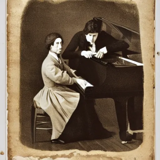 Image similar to drunk chopin and mozart playing the piano together