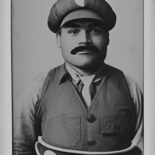 Image similar to Nintendo's Mario dressed as a plumber at the Ellis Island immigration office happily acquiring his citizenship, daguerreotype portrait