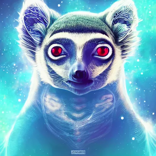 Image similar to geometric symmetrical lemur with galaxy eyes in space, nebula in the background, intricate, elegant, highly detailed, digital painting, artstation, concept art, smooth, sharp focus, illustration, art by artgerm