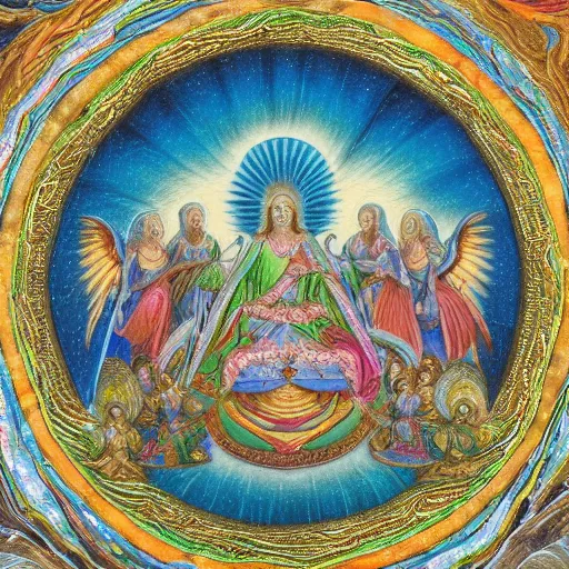 Image similar to photo of an intricately detailed representation of a accurate divine heavenly throne on a road of brilliant gemstone surround by epic angels. Colored graphite blended with colored oils miniature on vellum.