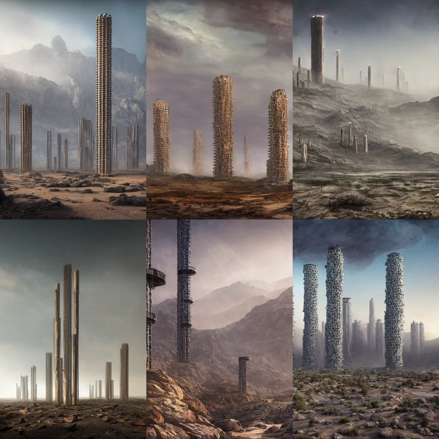 Prompt: tall eco living towers in a barren, rocky desert, one crude oil driller, rocky mountains in background, dust swirling, diffuse lighting, strong imagery, highly detailed, by Greg Rutkowski, illustration, highly detailed water colour 8k, cinematic lighting, HD, high detail, atmospheric, trending on artstation