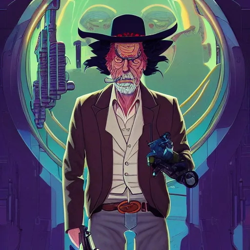 Image similar to westworld rick sanchez futurama portrait by charles vess and james jean and erik jones and rhads, inspired by ghost in the shell, beautiful fine face features, intricate high details, sharp, ultradetailed