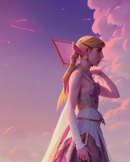 Image similar to highly detailed surreal vfx portrait of emma roberts as princess zelda, stephen bliss, unreal engine, greg rutkowski, loish, rhads, beeple, makoto shinkai and lois van baarle, ilya kuvshinov, rossdraws, tom bagshaw, alphonse mucha, global illumination, detailed and intricate environment