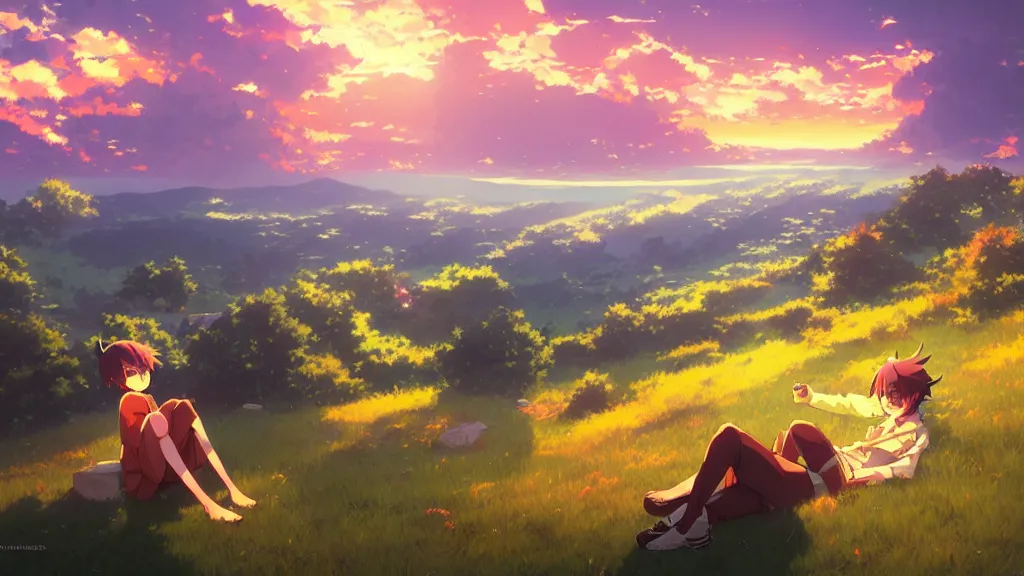 Image similar to a chocolate bar sat on the hillside and looked sky, dusk sky, beautiful sunset glow, large clouds, rich vivid colors, ambient lighting, dynamic lighting, official media, anime key visual, detailed, artwork by makoto shinkai, rossdraws.