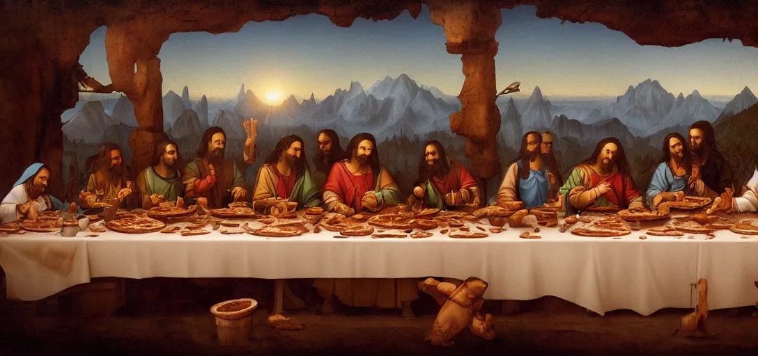 Prompt: last pizza supper, leonardo da pizza vinci, with a jesus chef inventing pizza, pizza, pizza, pizza, fog, magic, 8k, james gurney, greg rutkowski, john howe, artstation and pizza