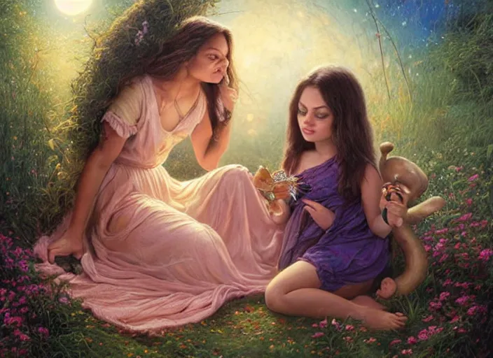 Image similar to Mila Kunis staring into the camera singing a lullaby, fireflies, full moon, Lilia Alvarado, Sophie Anderson, Mark Arian, Bob Byerley, Charlie Bowater, Mark Brooks, Steve Henderson, Justin Gerard, Arthur Hughes, Edward Robert Hughes, Mark Keathley, Victor Nizovtsev, Carlos Shwabe, Ross Tran, WLOP