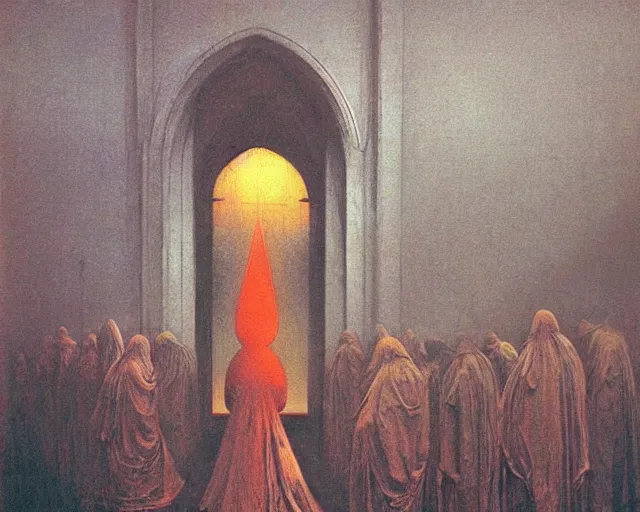 Image similar to by francis bacon, beksinski, mystical redscale photography evocative. devotion to the scarlet woman in her cathedral, priestess in a conical hat, coronation, ritual, sacrament, lamprey