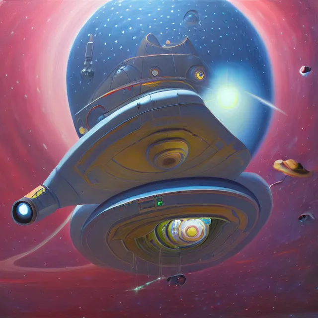 Image similar to an oil on canvas painting of a spaceship, polycount, surrealism, surrealist, cosmic horror, high detail