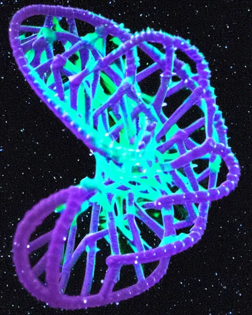 Prompt: detailed 3 d print of a dna helix in a nebulae. stardust and bioluminescent color scheme.