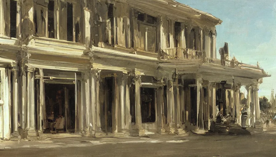 Prompt: artwork painting of the storefront front of a building by eugene von guerard, ivan shishkin, john singer sargent