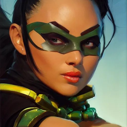 Image similar to greg manchess portrait painting of jade from mortal kombat as overwatch character, medium shot, asymmetrical, profile picture, organic painting, sunny day, matte painting, bold shapes, hard edges, street art, trending on artstation, by huang guangjian and gil elvgren and sachin teng