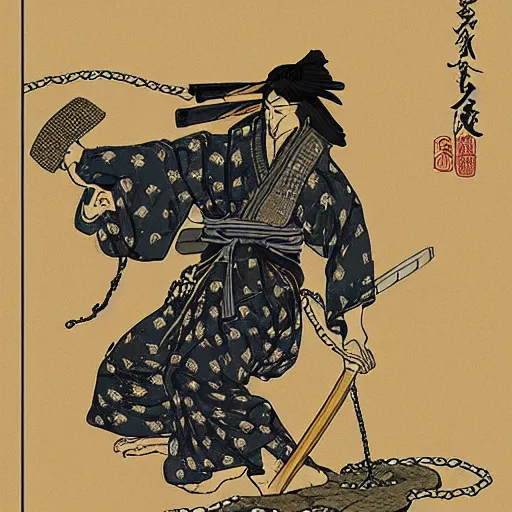 Image similar to by hokusai, samurai man vagabond, the samurai holds a pair of chains, detailed, matte print, concept art, ink style, sketch, digital 2 d