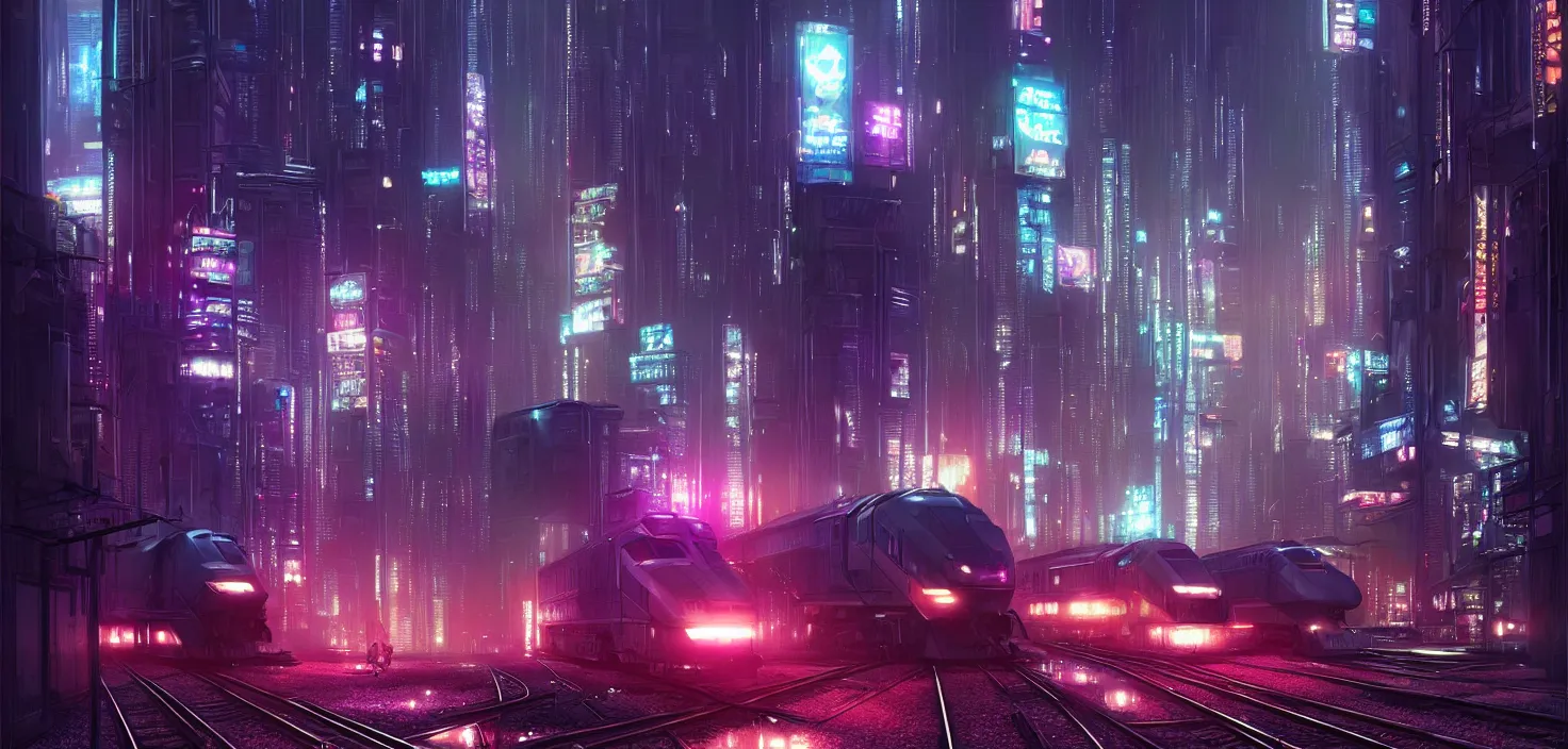 Prompt: a painting of a city at night with a train on the tracks, cyberpunk art by stephan martiniere, cg society contest winner, panfuturism, matte painting, dystopian art, reimagined by industrial light and magic