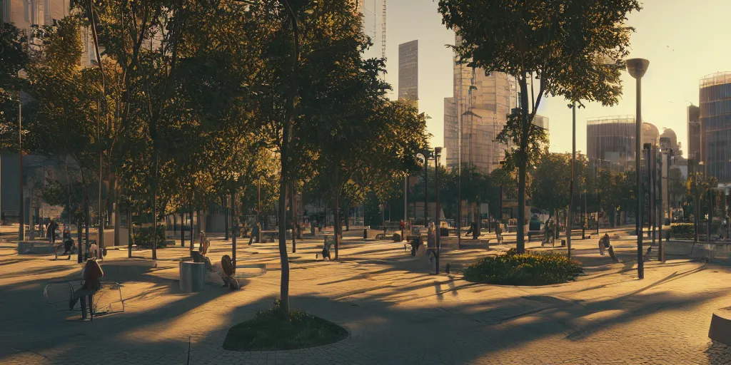 Image similar to modern city center public park, modern landscape architectural design for industrialpunk, gorgeous lighting, golden hour, cyberpunk, 2077, dramatic lighting and composition, octane render, unreal engine 5, 8k