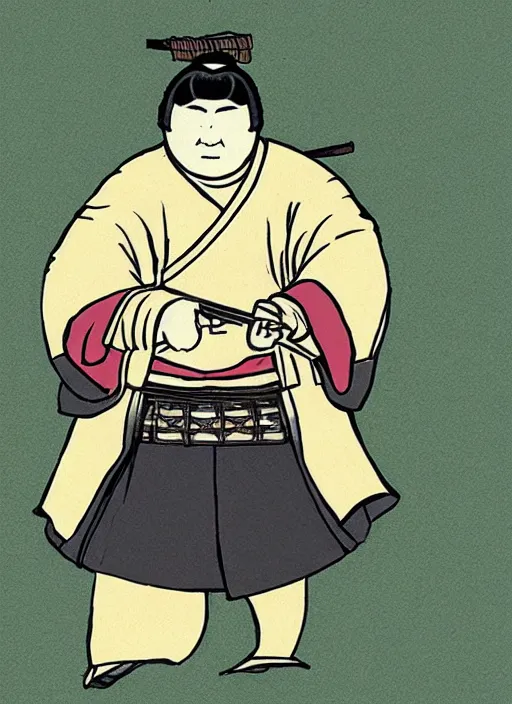 Prompt: portrait of a very very rotund samurai holding a pistol