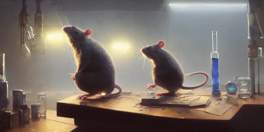 Image similar to rat sitting on a desk in a laboratory with lots of flasks filled with magic liquids and poisonous fog, stephen bliss, unreal engine, fantasy art by greg rutkowski, loish, rhads, ferdinand knab, ilya kuvshinov, rossdraws, tom bagshaw, global illumination, radiant soft light, detailed and intricate environment