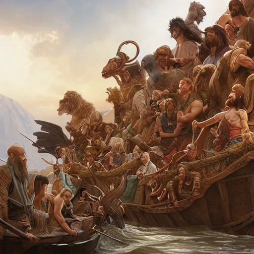 Image similar to an extremely detailed matte painting of the animals boarding noah's ark, 4 k, noah from the bible as a wizard, antediluvian, art by artgerm and greg rutkowski and alphonse mucha, in the style of epic fantasy