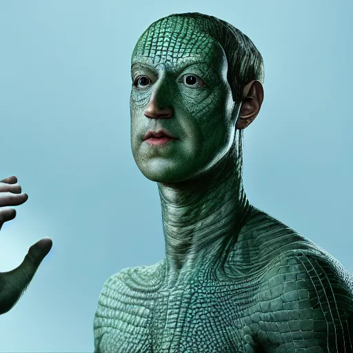 Prompt: Mark Zuckerberg turning into a reptile humanoid, 4k, full body, realistic, sci-fi