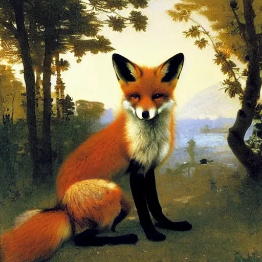 Prompt: An animal portrait of a fox in a flowing dress by Robert Cleminson and William-Adolph Bouguereau, forest and rivers in the background by Albert Bierstadt