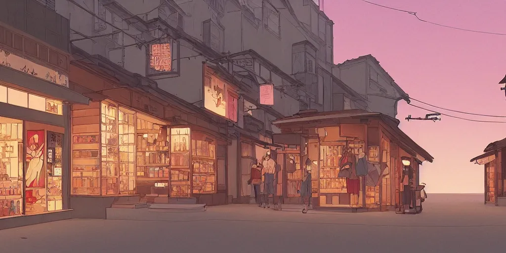 Prompt: beautiful illustration of a small shop window in kyoto on a beautiful sunset, anime manga style, aesthetic, cory loftis, james gilleard, atey ghailan, makoto shinkai, goro fujita, studio ghibli, makoto shinkai