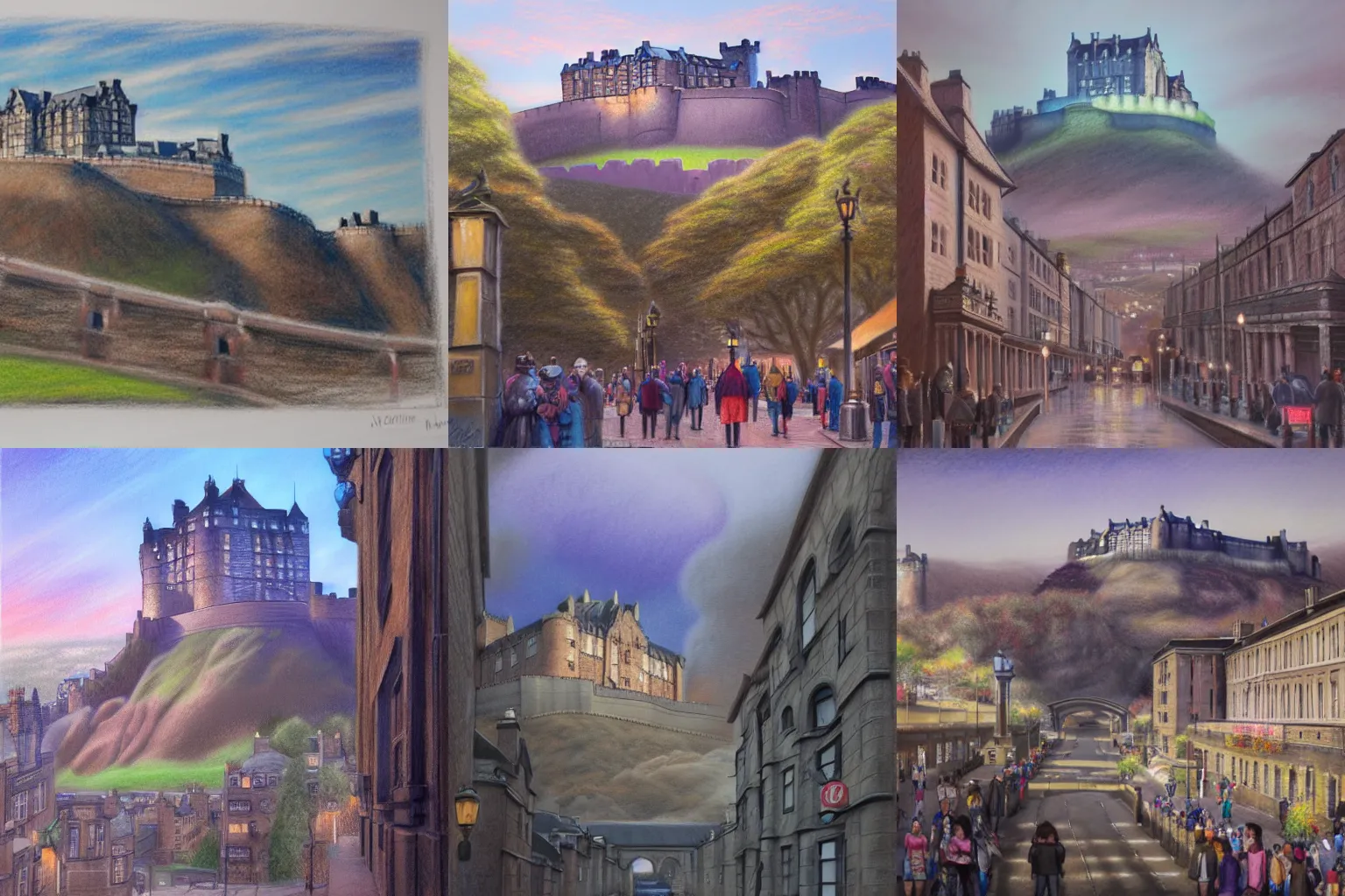 Prompt: detailed pastel drawing of Edinburgh Castle viewed from Princes Street, by Noah Bradley, Darek Zabrocki, Tyler edlin, Jordan Grimmer, Neil Blevins, James Paick, Natasha Tan, highly detailed, ultra detailed, ultra realistic, trending on artstation, cgstudio