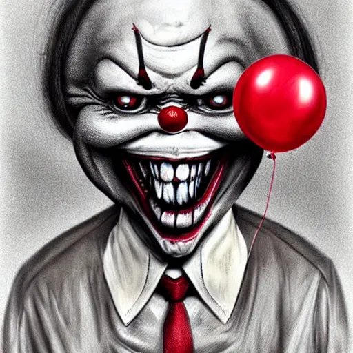 Prompt: surrealism grunge cartoon portrait sketch of a monster with a wide smile and a red balloon by - michael karcz, loony toons style, pennywise style, horror theme, detailed, elegant, intricate