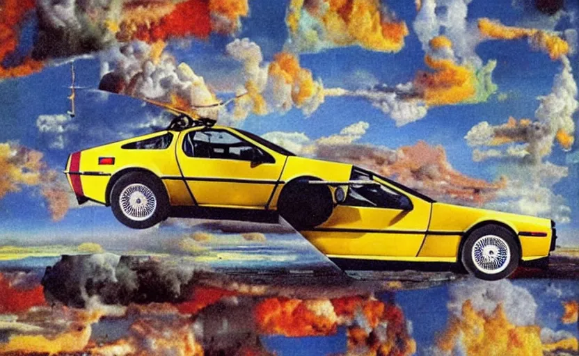 Image similar to a yellow delorean in the clouds, colourful art by salvador dali magazine collage,