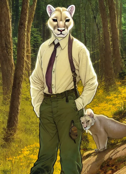 Prompt: beautiful portrait commission of a male Furry Anthro albino mountain lion Fursona. yellow button-down shirt, olive green slacks. hands in pockets. forest trail. Atmospheric. Renowned character illustration by greg rutkowski, thomas kindkade, alphonse mucha, loish, norman rockwell. detailed, inked, western comic book art