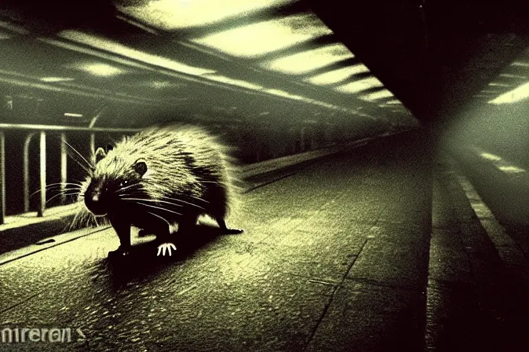 Image similar to very large giant mutant zombie irradiated ( angry rat ) staying on railways in tonnel of moscow subway. tonnel, railways, giant angry rat, furr, fangs, claws, very realistic. fog, extreme long shot, herman nitsch, giger.