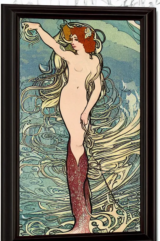 Image similar to illustration of a mermaid playing an electric guitar, Art Nouveau by Mucha