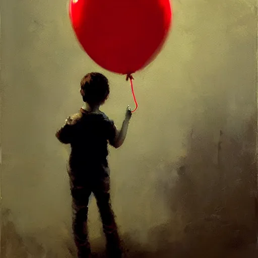 Image similar to lonely kid holding a red balloon, painting by jeremy mann