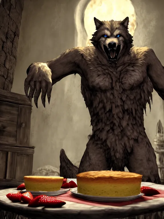 Prompt: cute handsome cuddly burly surly relaxed calm timid werewolf from van helsing sitting down at the breakfast table in the kitchen of a normal country home cooking having fun lighthearted whimsy baking strawberry tart cakes unreal engine hyperreallistic render 8k character concept art masterpiece screenshot from the video game the Elder Scrolls V: Skyrim