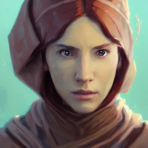 Image similar to portrait of a woman by greg rutkowski, jedi knight jade skywalker, wavy copper hair, jedi robes, star wars expanded universe, she is about 2 0 years old, wearing jedi robes, highly detailed portrait, digital painting, artstation, concept art, smooth, sharp foccus ilustration, artstation hq