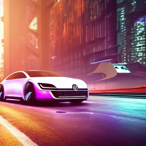 Prompt: a distant photo of a volkswagen idr concept car in a cyberpunk city. racing at extreme speeds. motion blur, purple lighting