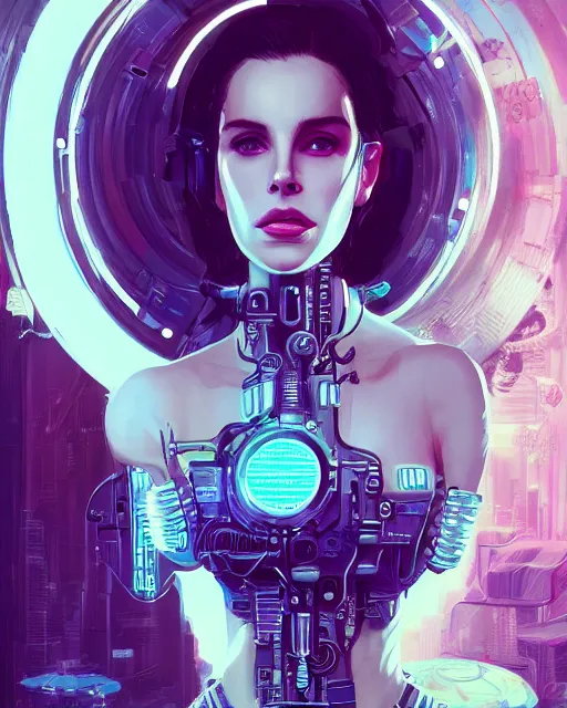 Image similar to portrait of lana del rey as a cyberpunk cyborg. roses, sci - fi, intricate abstract, upper body, intricate artwork, by tooth wu, wlop, beeple, dan mumford. concept art, 8 k octane render, deviantart, greg rutkowski, cinematic, key art, hyperrealism, iridescent accents